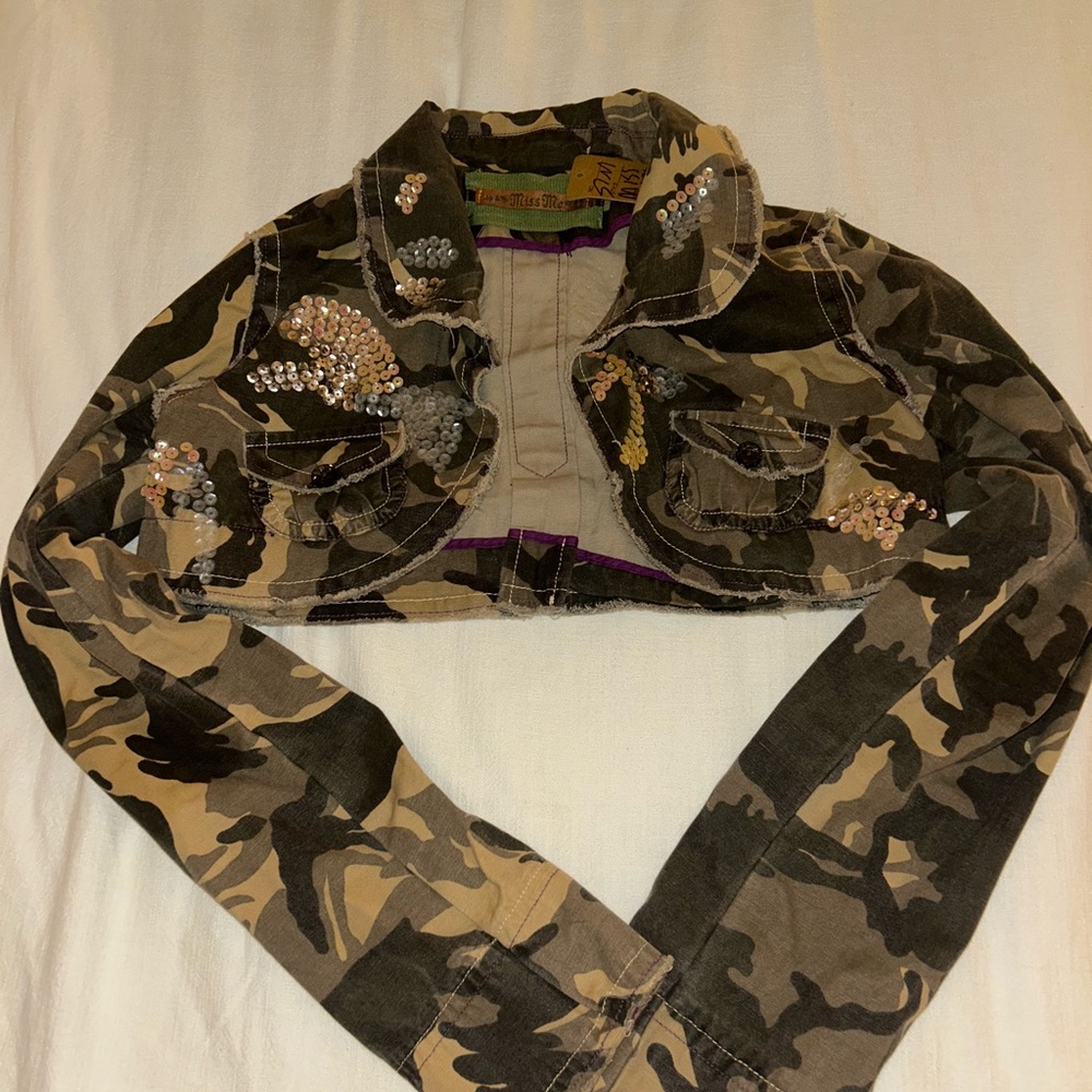 Miss Me Camouflage Sequin Jean Jacket